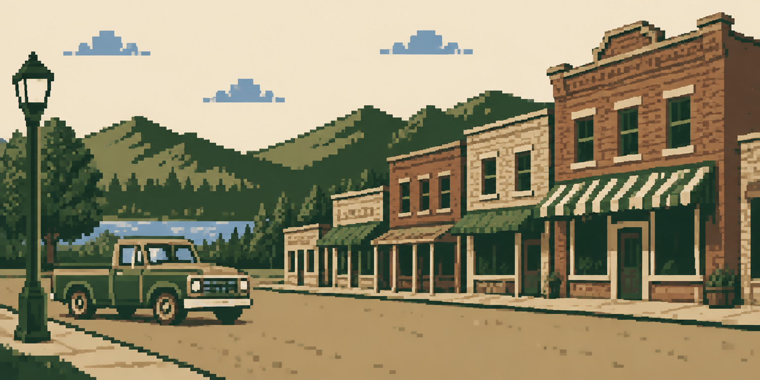 Pixel art of a small-town main street with brick storefronts