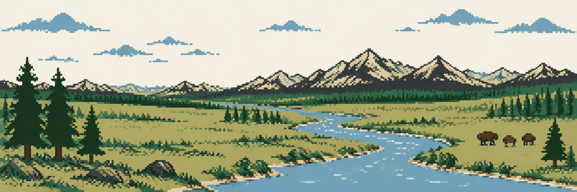 Pixel art of open plains, a river and a distant mountain range